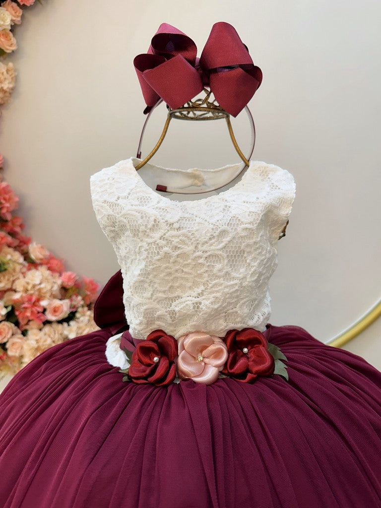 Vestido Infantil Off White com Saia Marsala e Detalhes em Renda