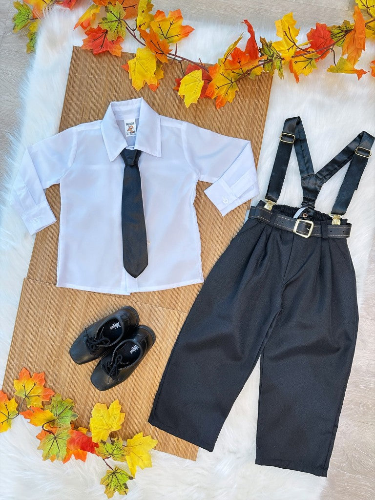 Conjunto Social Camisa Branca Calça Susp. e Gravata Preto