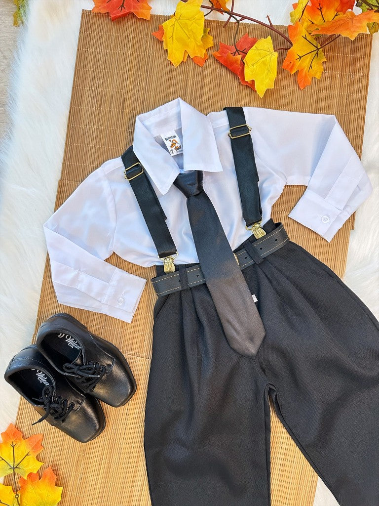 Conjunto Social Camisa Branca Calça Susp. e Gravata Preto