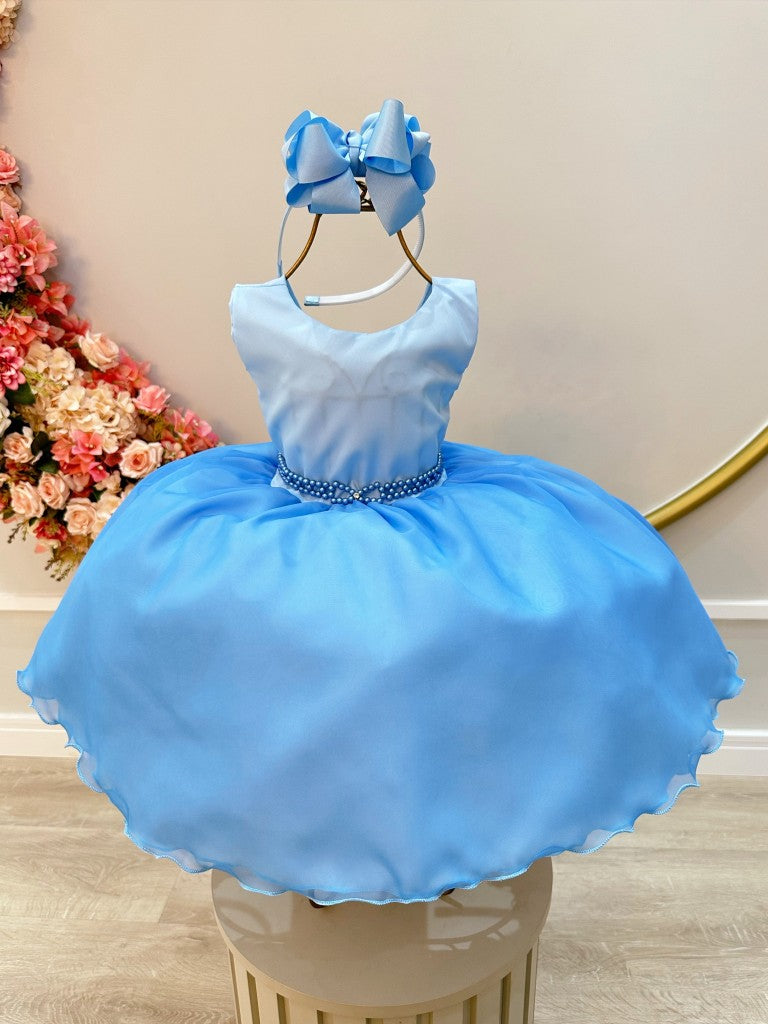 Vestido Infantil Azul Bebê Frozen Tule Com Echarpe Festa