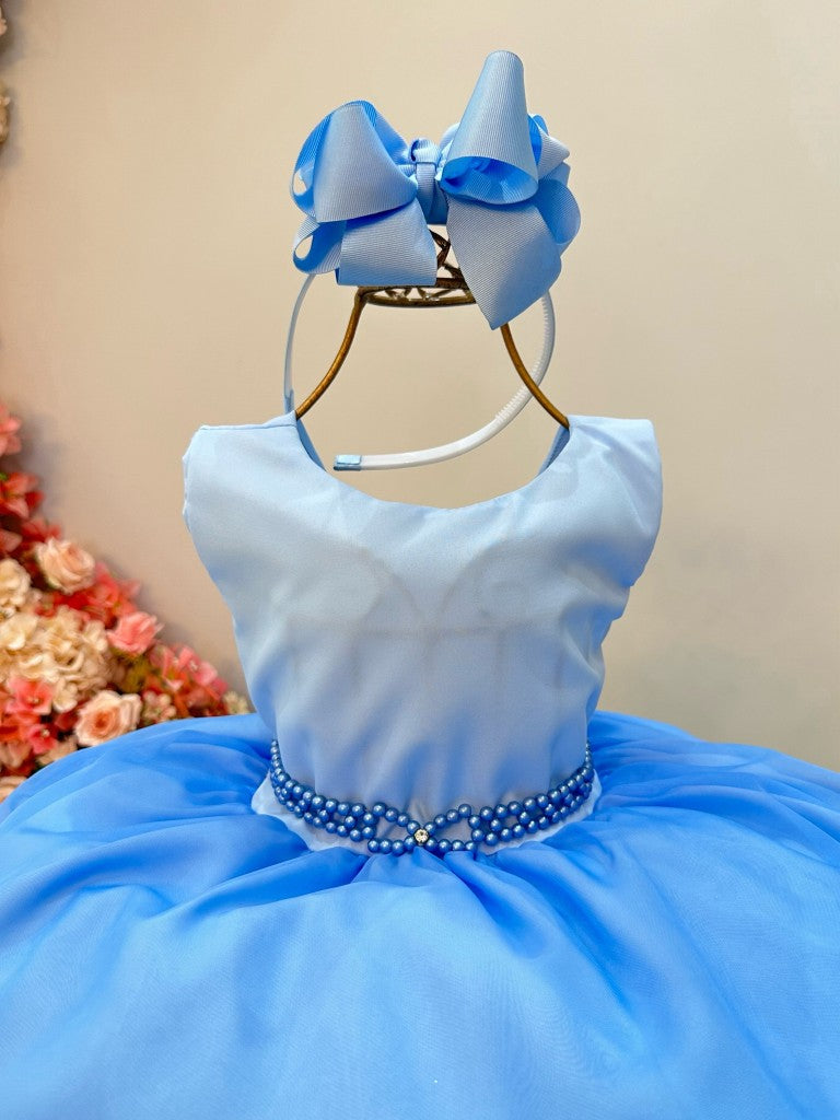Vestido Infantil Azul Bebê Frozen Tule Com Echarpe Festa