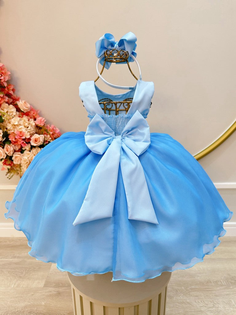 Vestido Infantil Azul Bebê Frozen Tule Com Echarpe Festa