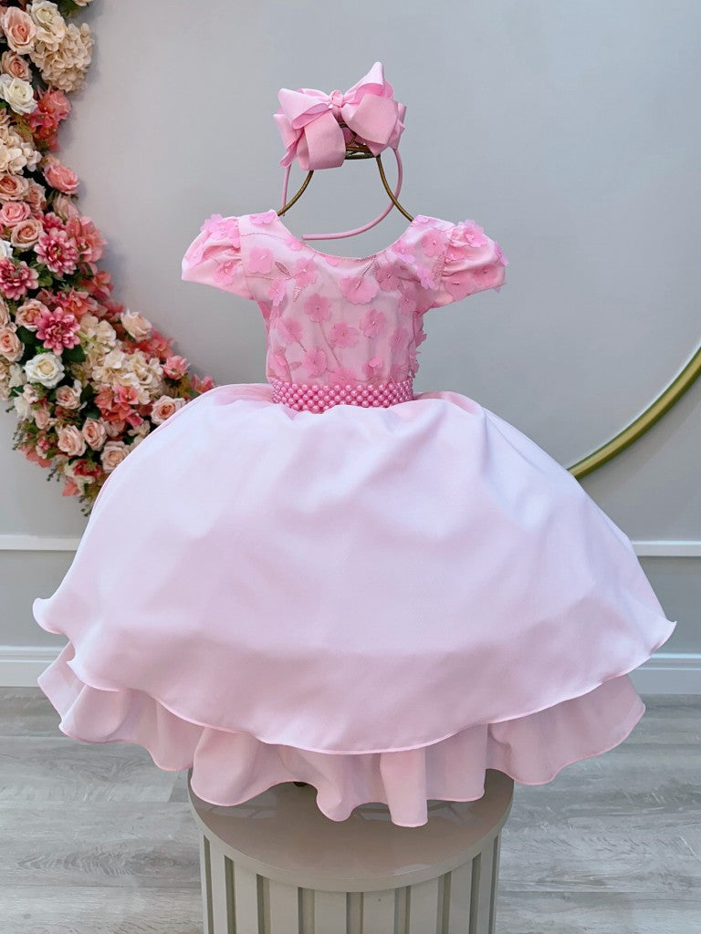 Vestido Infantil Rosa Bebê com Apliques de Flores em Renda
