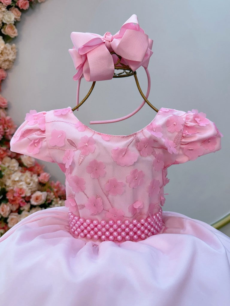 Vestido Infantil Rosa Bebê com Apliques de Flores em Renda