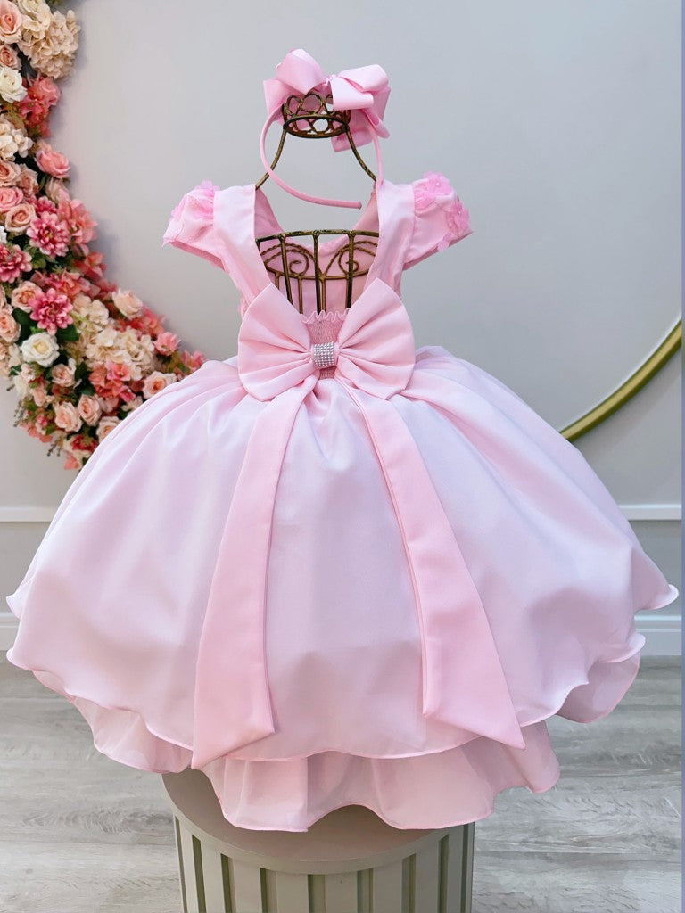 Vestido Infantil Rosa Bebê com Apliques de Flores em Renda