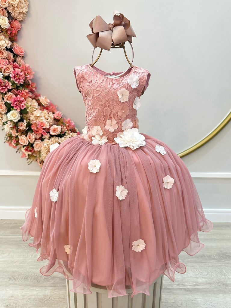 Vestido Infantil Rosa Com Renda e Aplique de Flores para Damas
