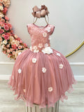 Vestido Infantil Rosa Com Renda e Aplique de Flores para Damas