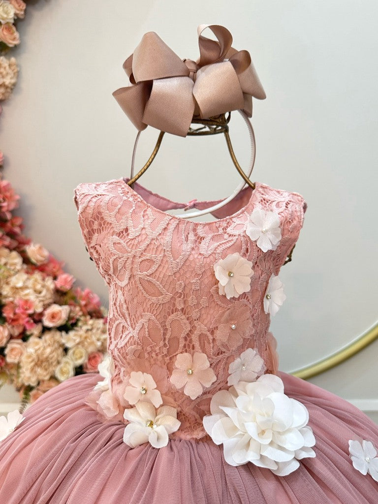Vestido Infantil Rosa Com Renda e Aplique de Flores para Damas