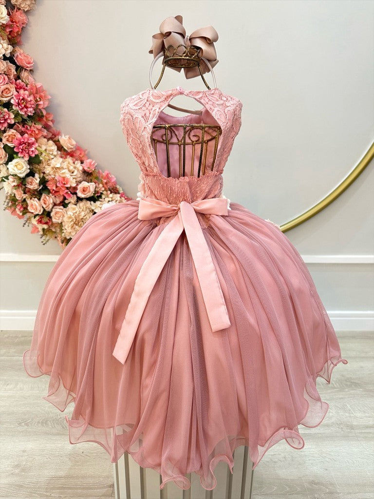 Vestido Infantil Rosa Com Renda e Aplique de Flores para Damas