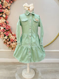 Vestido Infantil Casual Luxo Jeans Verde Claro Com Bolsos