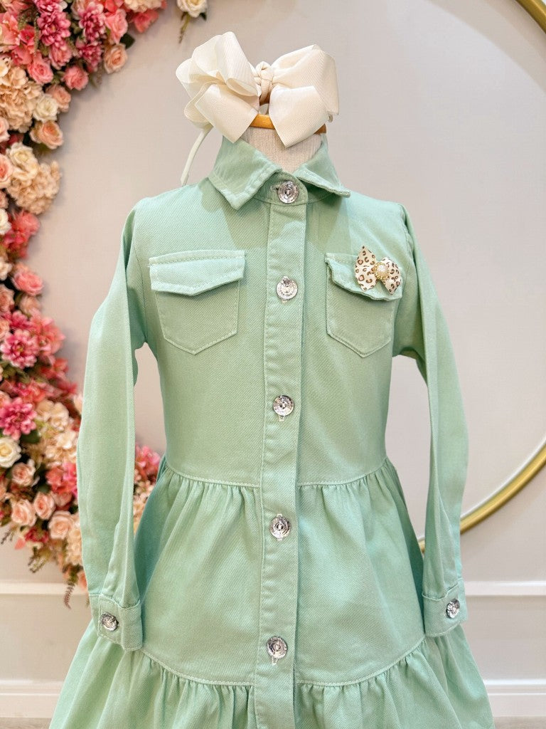 Vestido Infantil Casual Luxo Jeans Verde Claro Com Bolsos