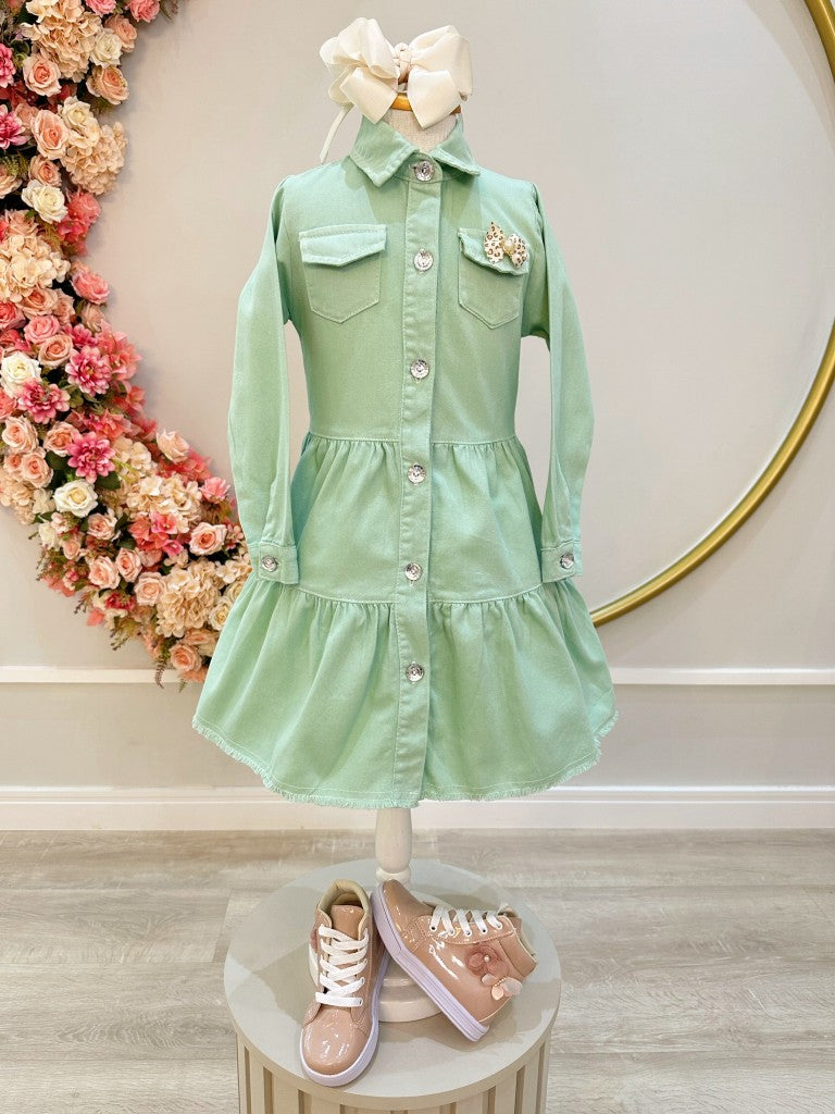 Vestido Infantil Casual Luxo Jeans Verde Claro Com Bolsos