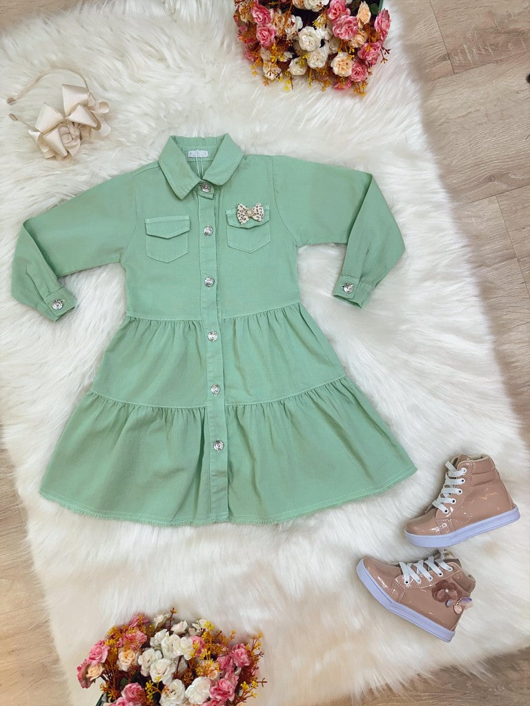 Vestido Infantil Casual Luxo Jeans Verde Claro Com Bolsos