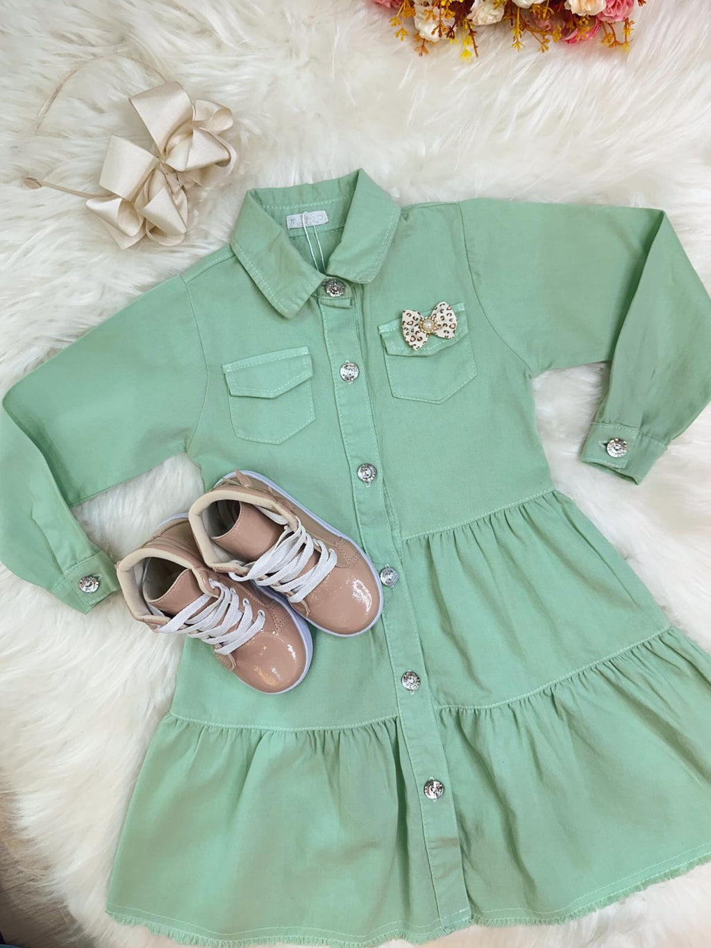 Vestido Infantil Casual Luxo Jeans Verde Claro Com Bolsos