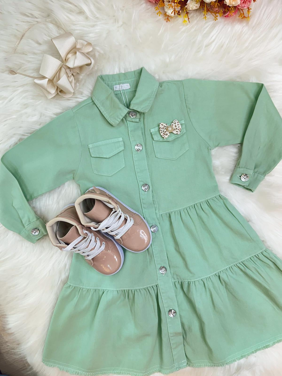Vestido Infantil Casual Luxo Jeans Verde Claro Com Bolsos