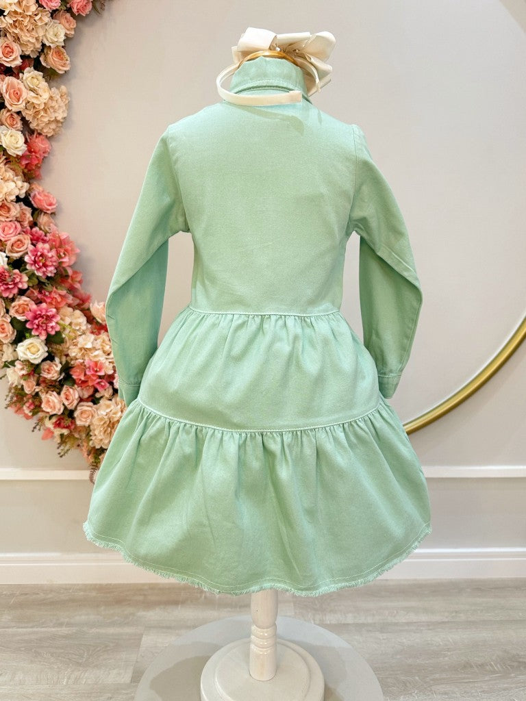 Vestido Infantil Casual Luxo Jeans Verde Claro Com Bolsos