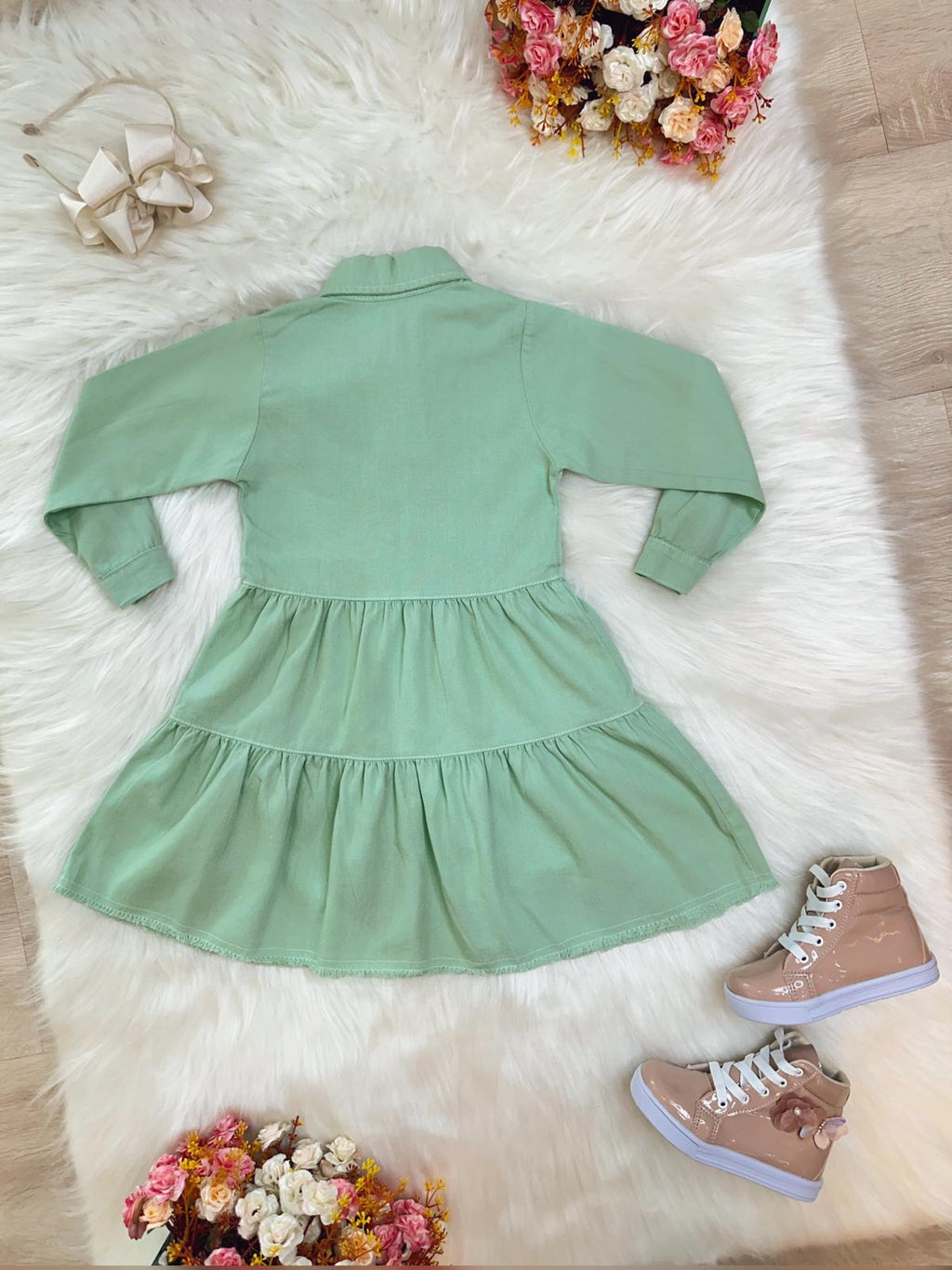 Vestido Infantil Casual Luxo Jeans Verde Claro Com Bolsos