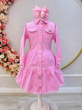 Vestido Infantil Casual Luxo Jeans Rosa Claro Com Bolsos