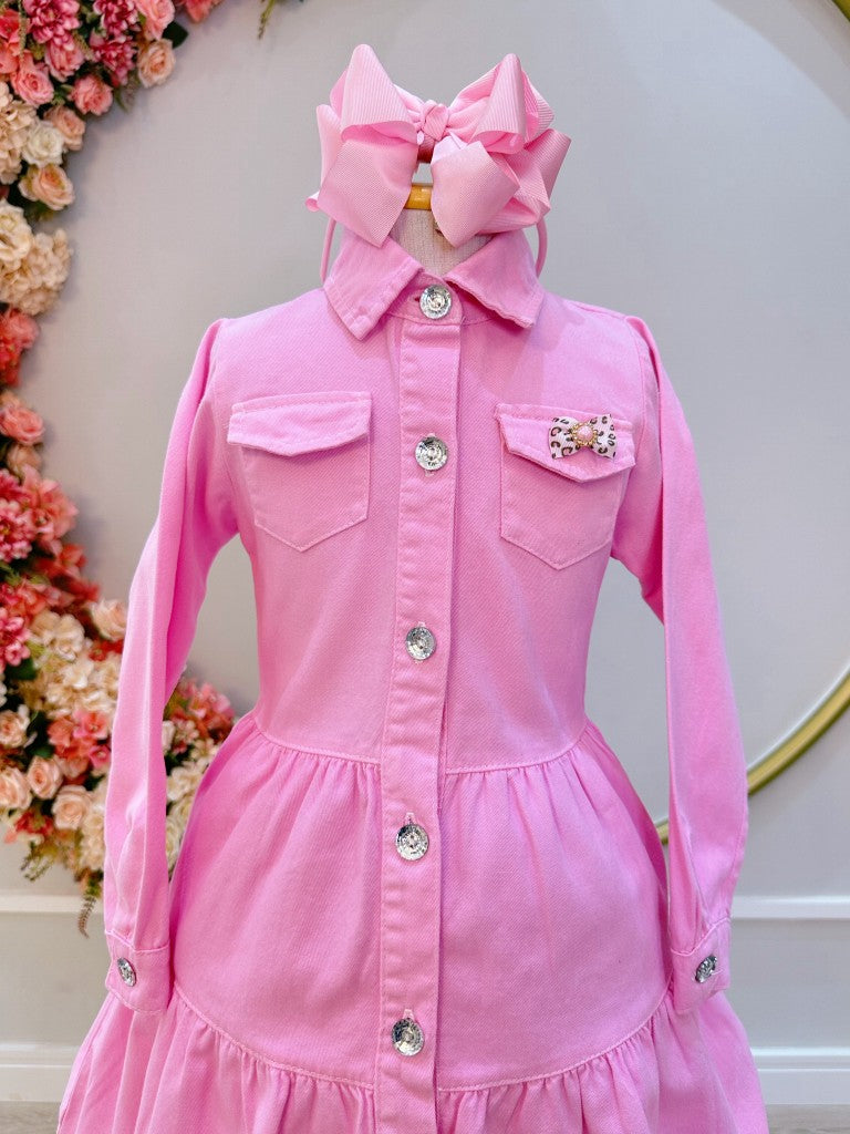 Vestido Infantil Casual Luxo Jeans Rosa Claro Com Bolsos