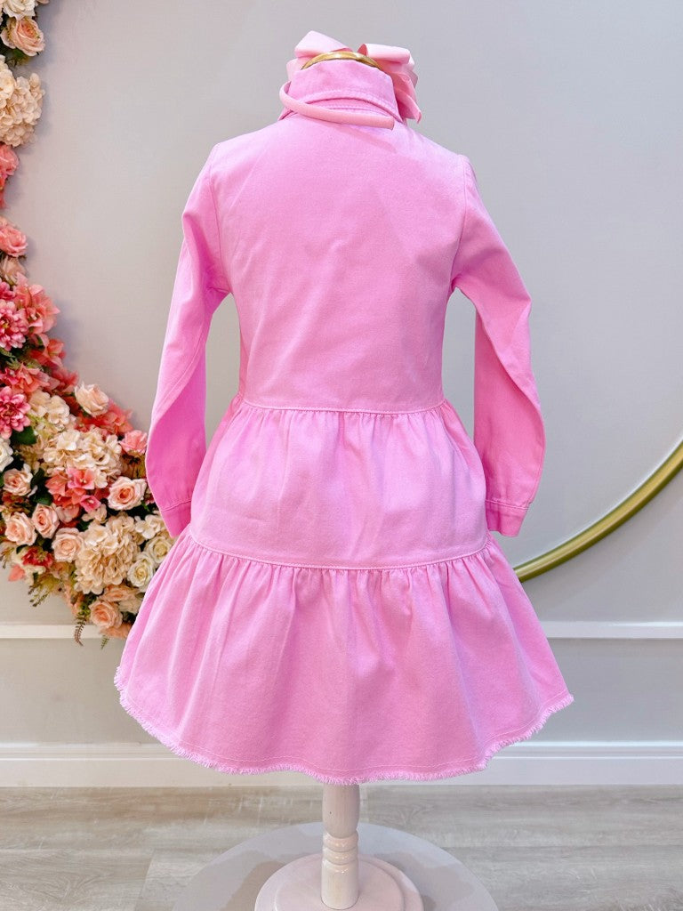 Vestido Infantil Casual Luxo Jeans Rosa Claro Com Bolsos