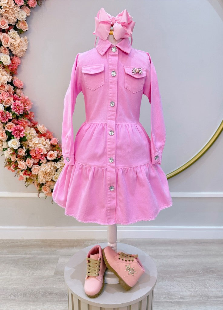 Vestido Infantil Casual Luxo Jeans Rosa Claro Com Bolsos