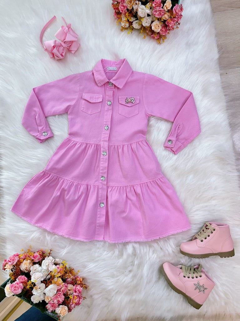 Vestido Infantil Casual Luxo Jeans Rosa Claro Com Bolsos