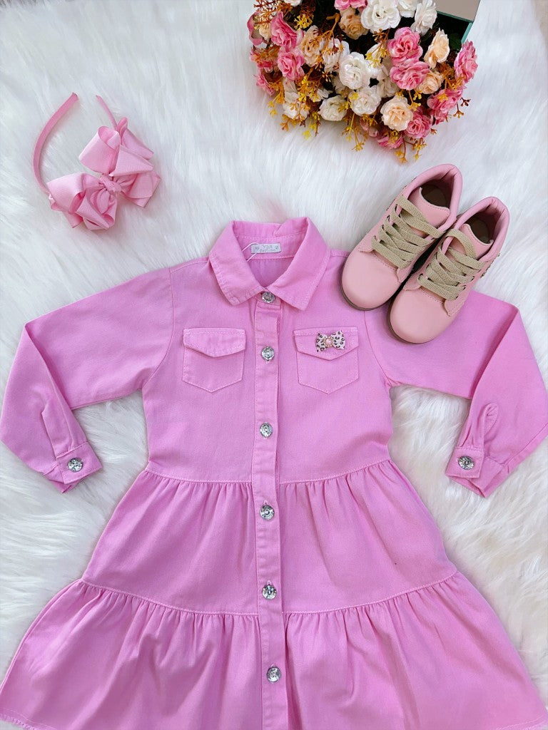 Vestido Infantil Casual Luxo Jeans Rosa Claro Com Bolsos