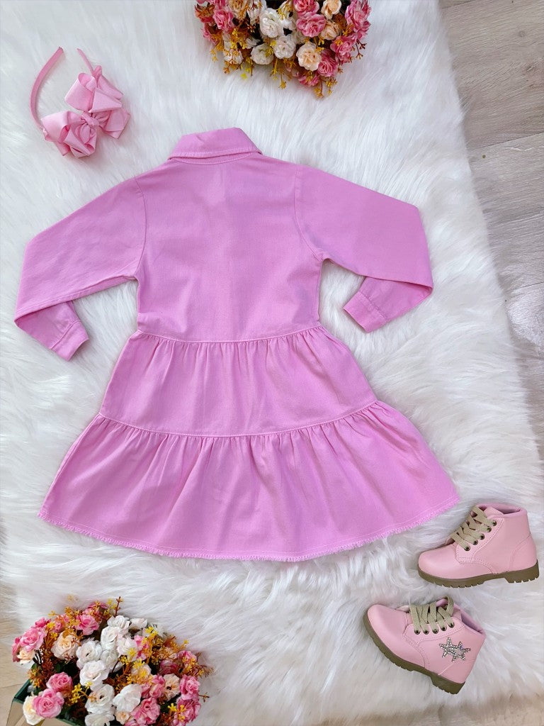 Vestido Infantil Casual Luxo Jeans Rosa Claro Com Bolsos