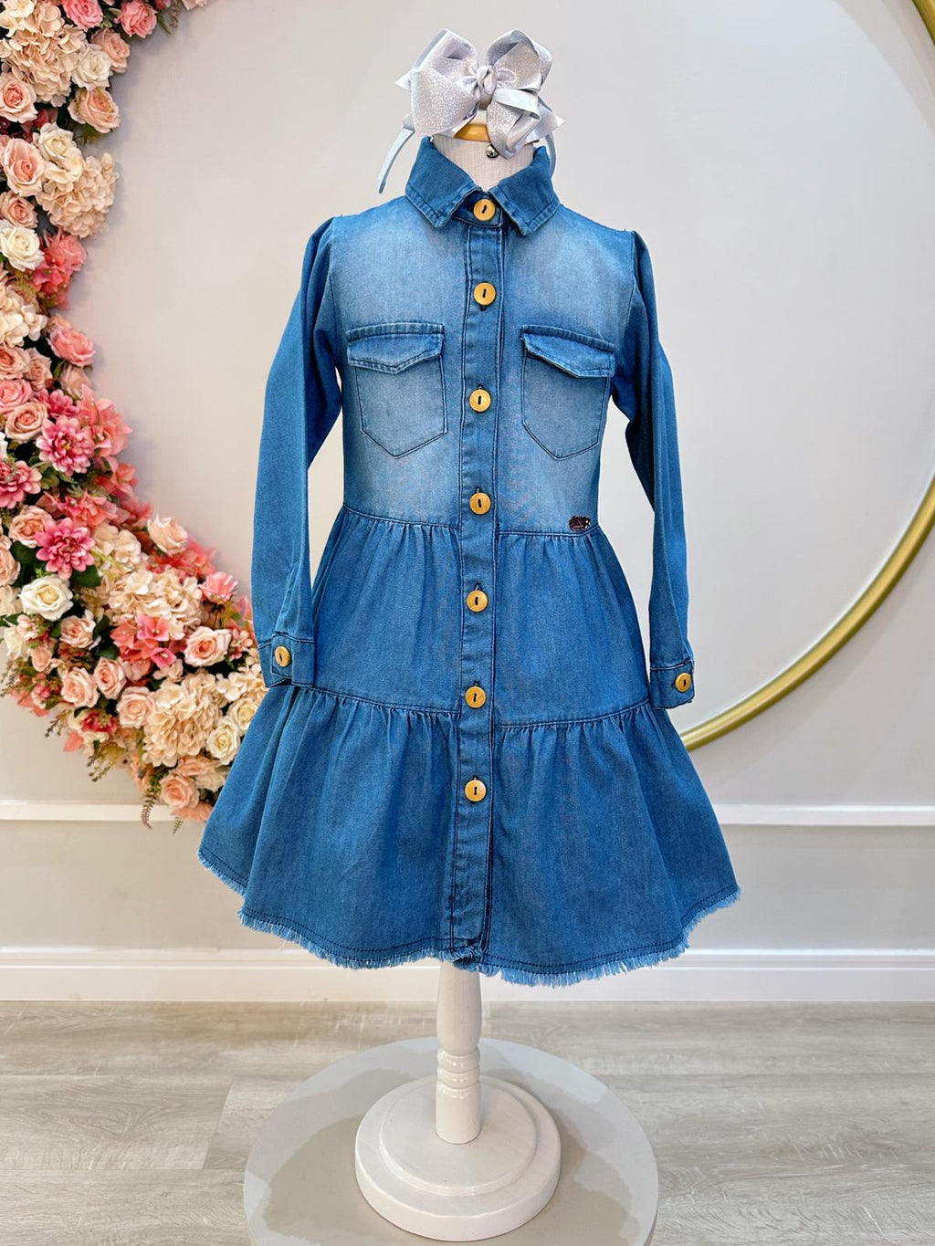 Vestido Infantil Azul Jeans Casual Com Bolsos Luxo