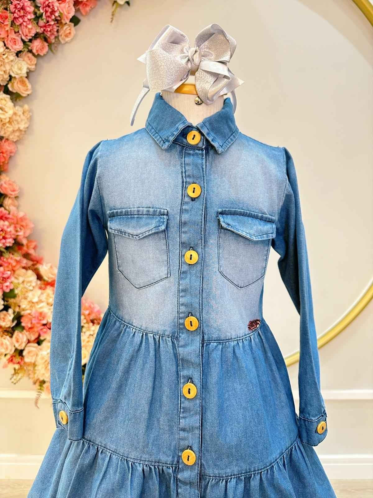 Vestido Infantil Azul Jeans Casual Com Bolsos Luxo