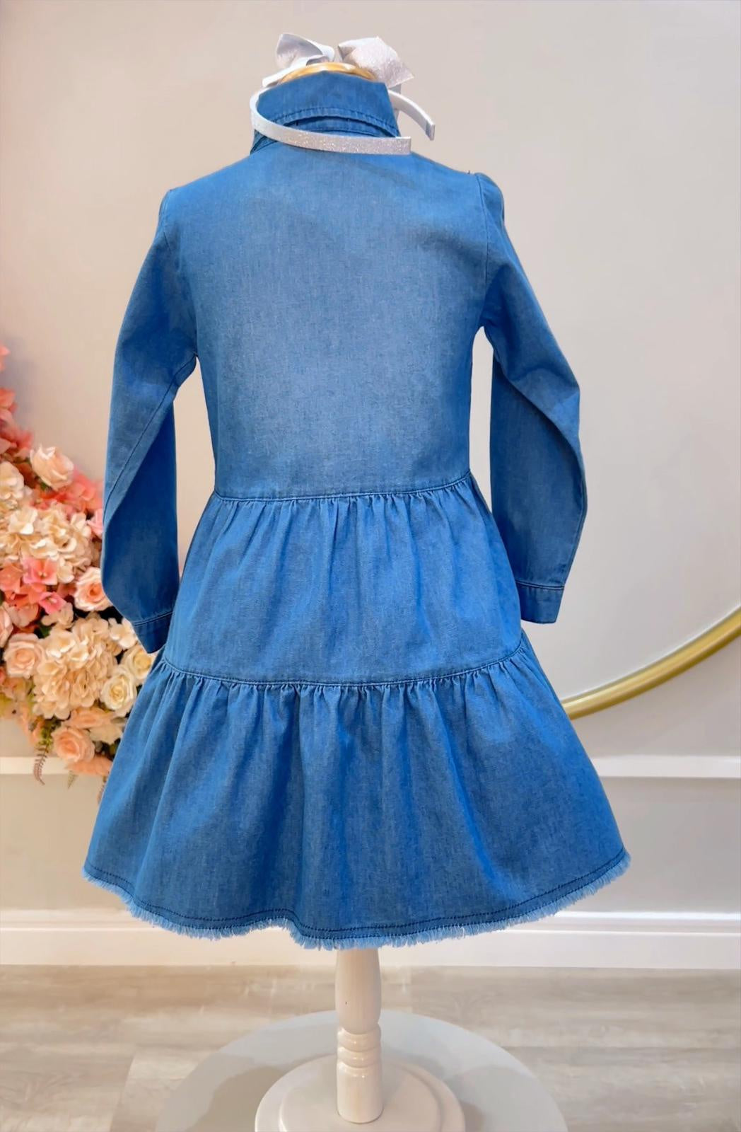 Vestido Infantil Azul Jeans Casual Com Bolsos Luxo