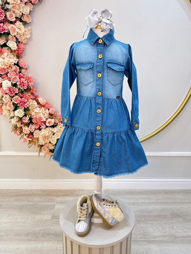 Vestido Infantil Azul Jeans Casual Com Bolsos Luxo