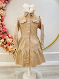Vestido Infantil Casual Jeans Bege Com Bolsos