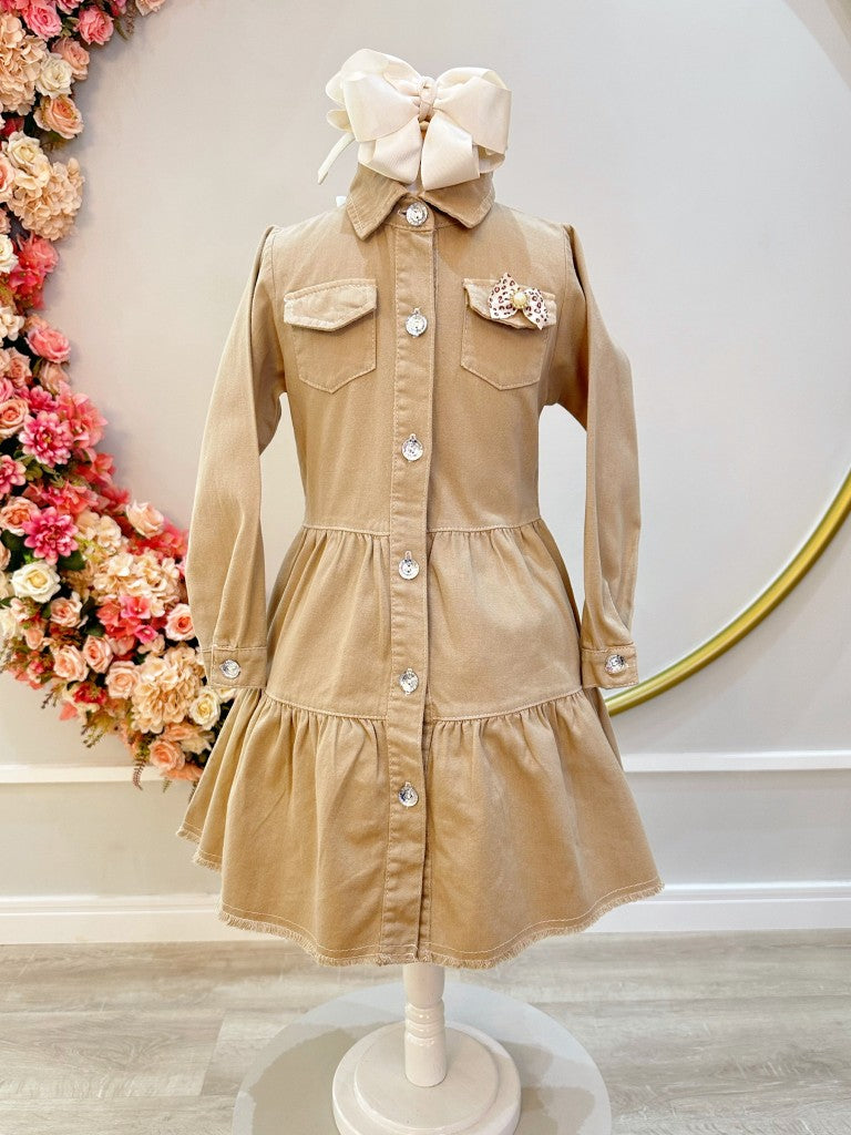 Vestido Infantil Casual Jeans Bege Com Bolsos