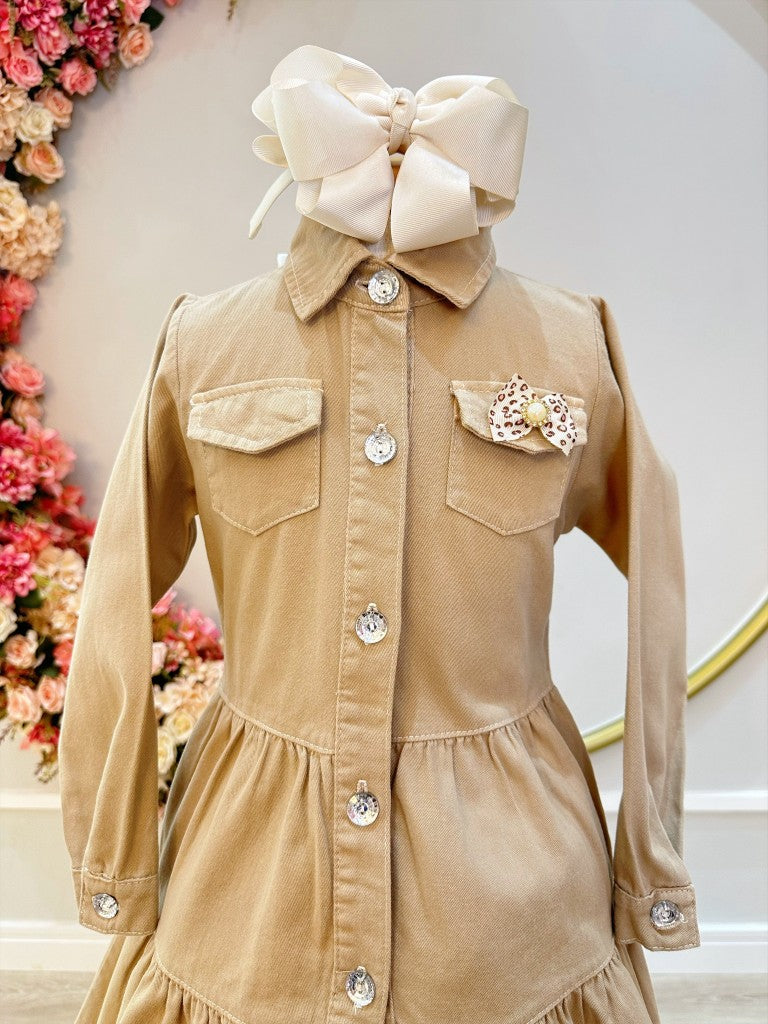 Vestido Infantil Casual Jeans Bege Com Bolsos