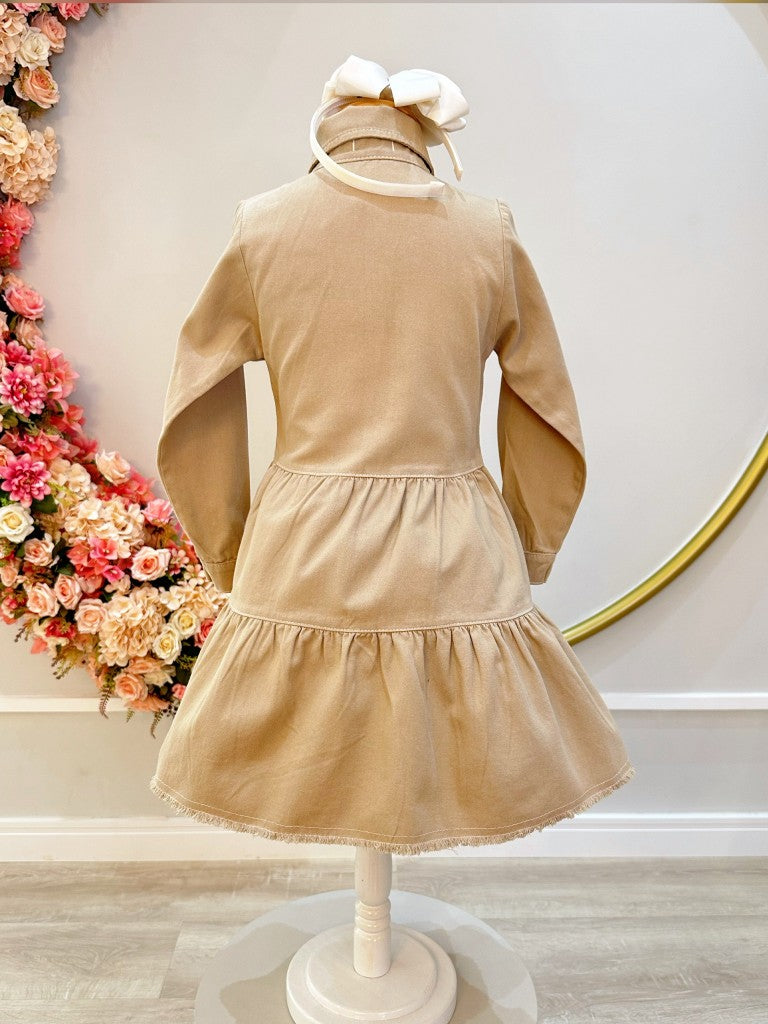 Vestido Infantil Casual Jeans Bege Com Bolsos