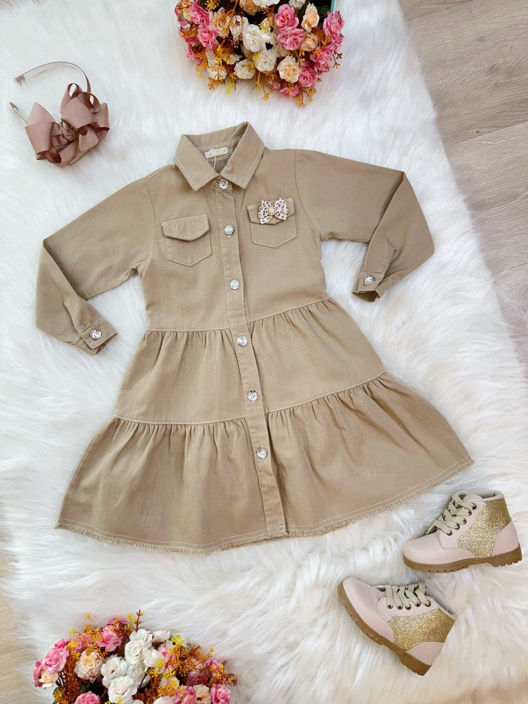 Vestido Infantil Casual Jeans Bege Com Bolsos