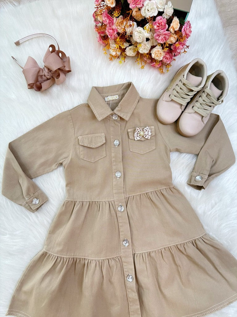 Vestido Infantil Casual Jeans Bege Com Bolsos