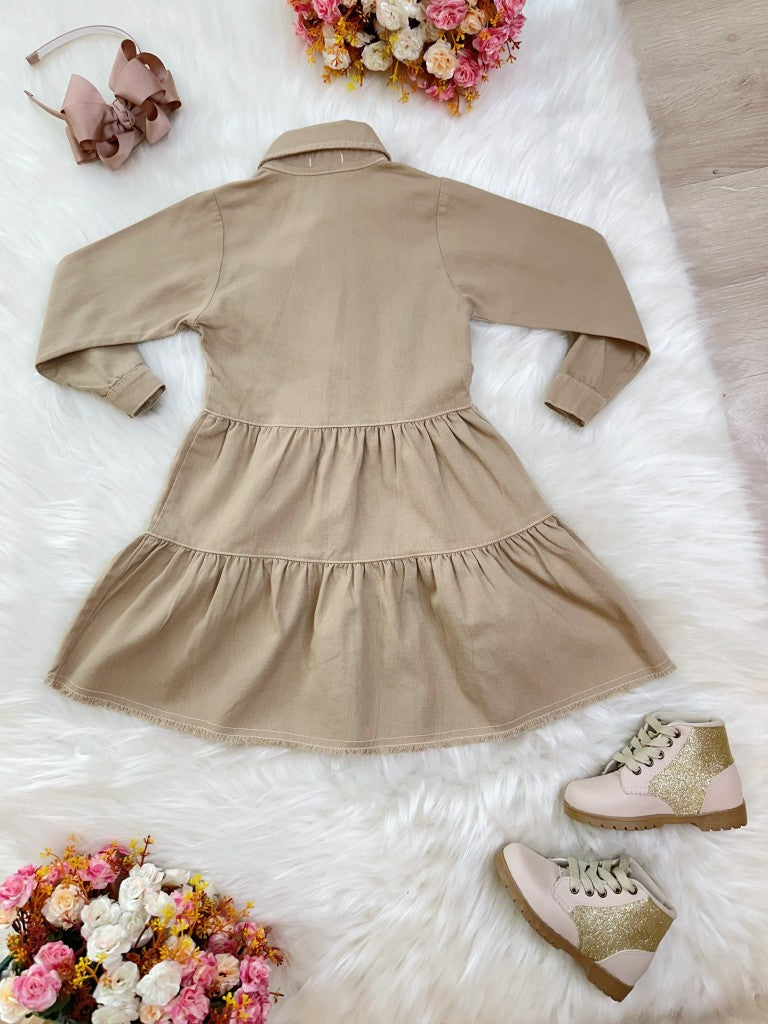 Vestido Infantil Casual Jeans Bege Com Bolsos