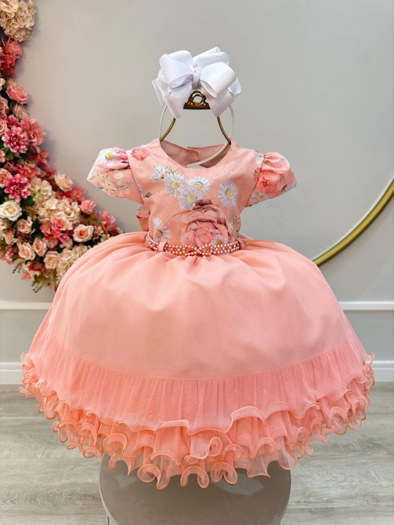Vestido Infantil Salmão com Saia de Babados e Busto Florido em Strass