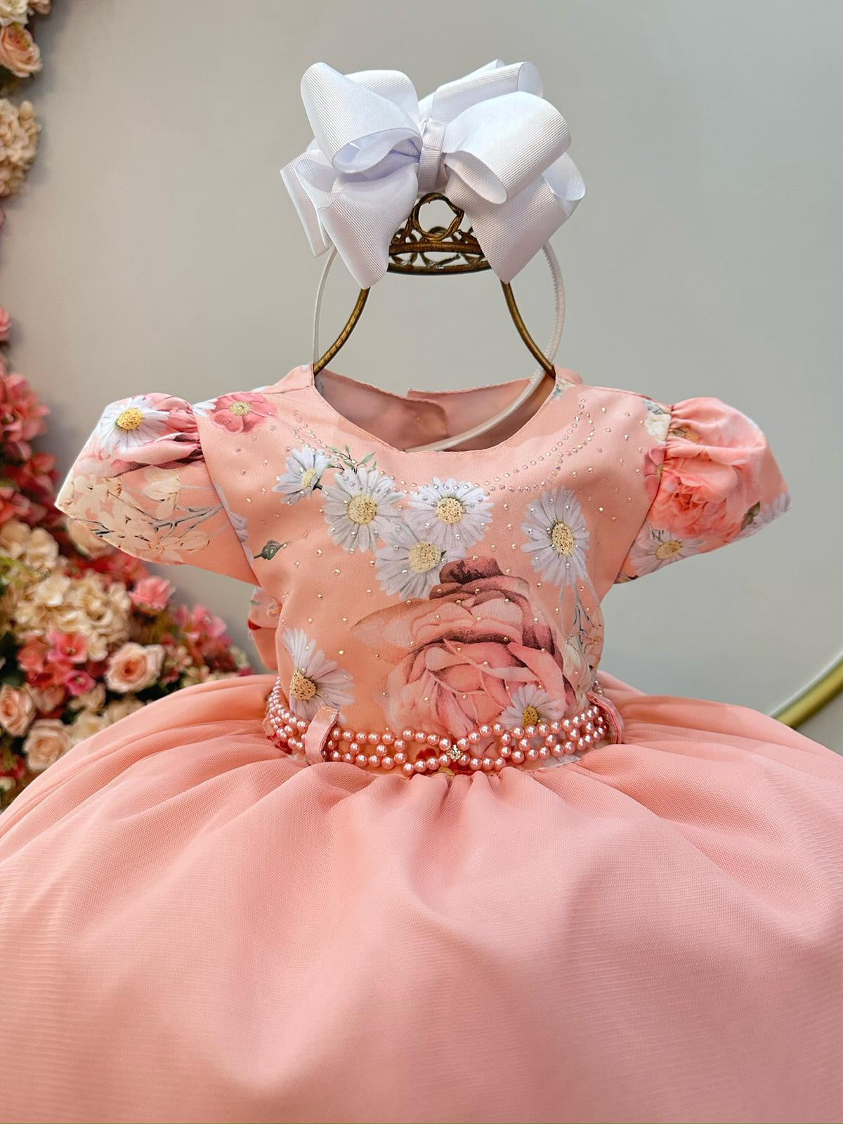 Vestido Infantil Salmão com Saia de Babados e Busto Florido em Strass