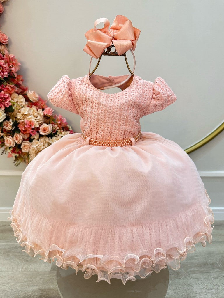Vestido Infantil Pêssego Com Strass e Saia de Babados