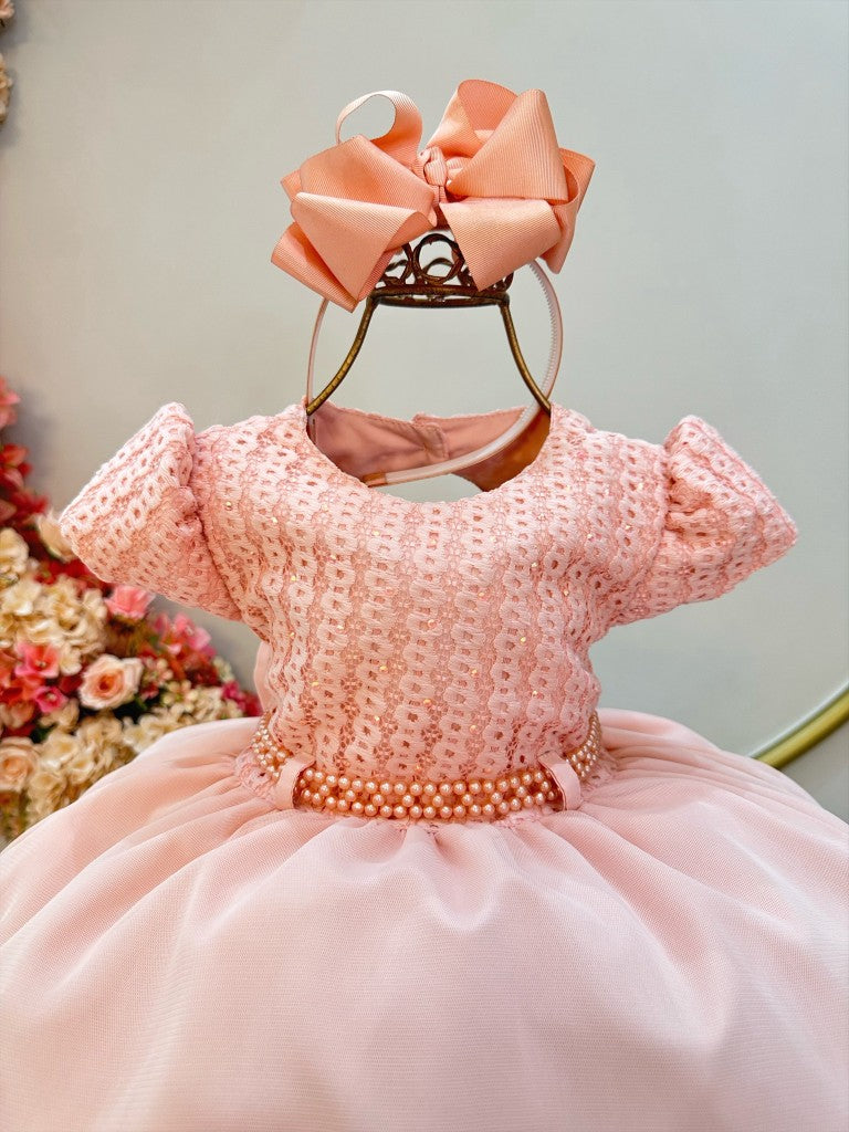 Vestido Infantil Pêssego Com Strass e Saia de Babados
