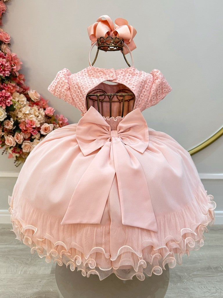 Vestido Infantil Pêssego Com Strass e Saia de Babados