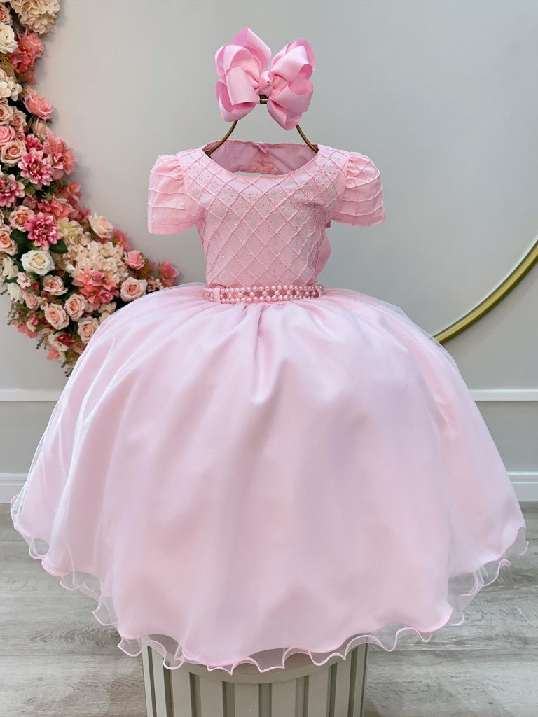 Vestido Infantil Rosa Claro com Busto Nervura e Strass para Daminhas