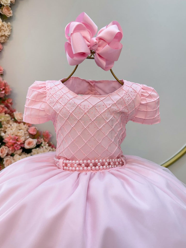 Vestido Infantil Rosa Claro com Busto Nervura e Strass para Daminhas