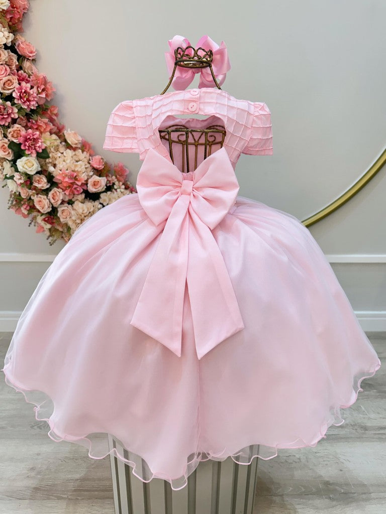 Vestido Infantil Rosa Claro com Busto Nervura e Strass para Daminhas