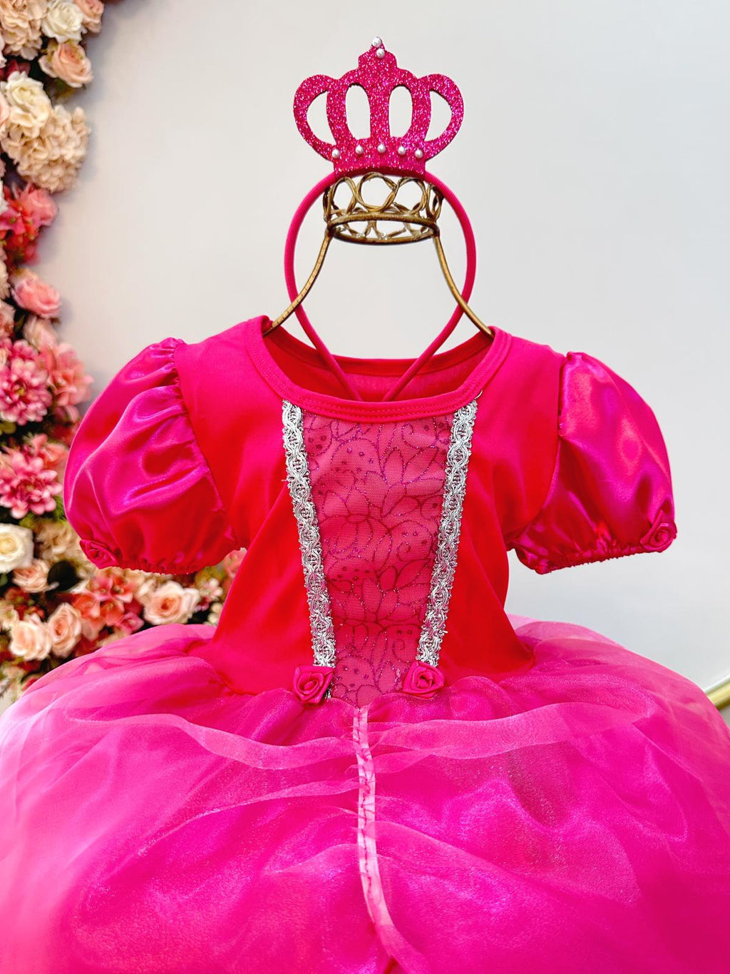 Fantasia Infantil Princesa Aurora Pink Com Tiara e Luva