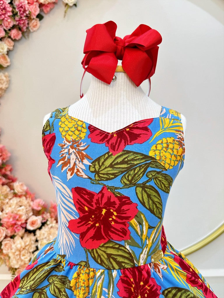 Vestido Infantil Azul Colorido Casual de Alça para Primavera e Verão