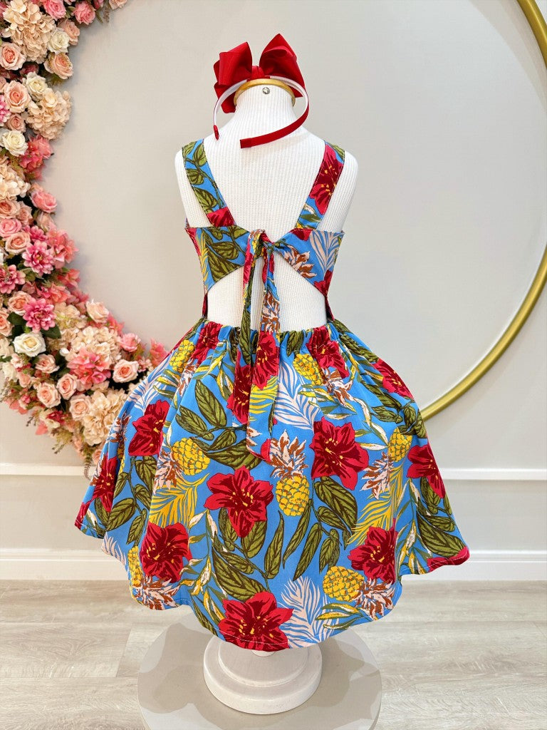Vestido Infantil Azul Colorido Casual de Alça para Primavera e Verão